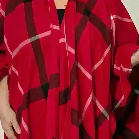 Jessica McClintock Red Plaid Fringe Wrap Shawl Open Front Cardigan One Size - Picture 5 of 8
